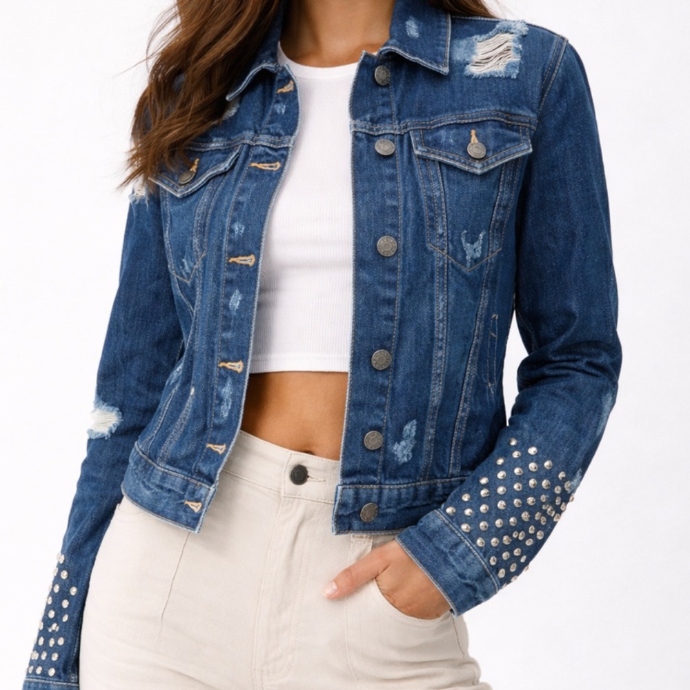 Sandro Spiked Biker Denim Jacket